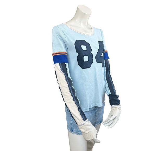 Free People We The Free “Snow Peak” Blue White Faux Layered Retro LS Tee Medium - Picture 2 of 8